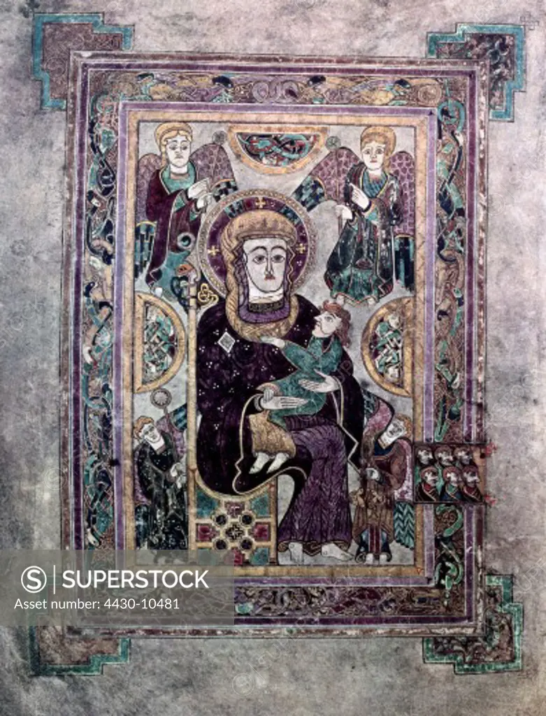 literature books Book of Kells Virgin Mary with child illumination Ireland circa 800 Saint Trinity College Dublin,