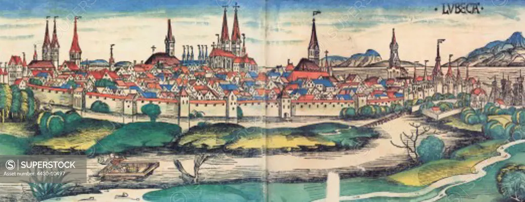 geography/travel Germany L»beck view coloured woodcut by Michael Wohlgemut or Wilhelm Pleydenwurff chronicle of Hartmann Schedel Nuremberg 1493 Schleswig-Holstein middle ages imperial city hanseatic league 15th century city walls,