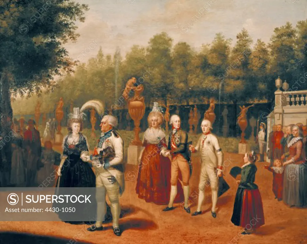 fine arts, Hoechle, Johann Baptist (1754 - 1832), painting, ""Emperor Franz II and Elector Karl Theodor of Bavaria in the Hofgarten"", 1792, Nymphenburg Palace, Munich,