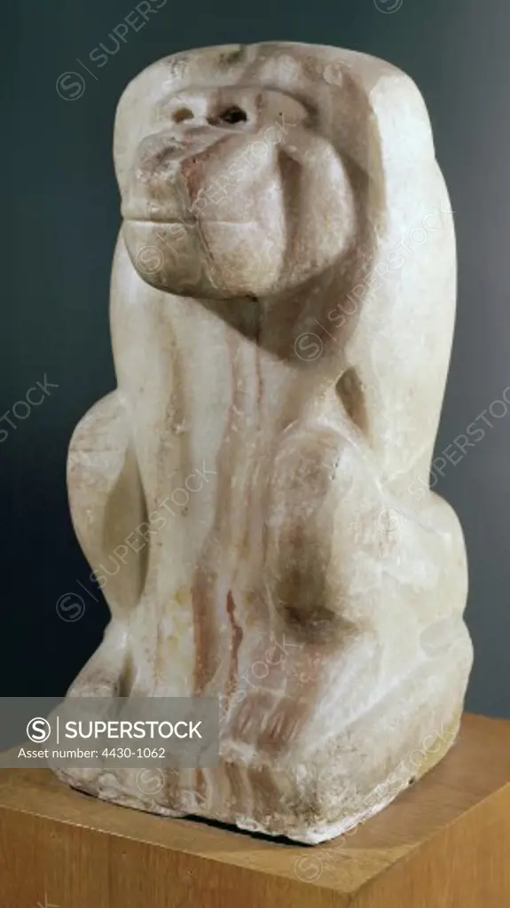 fine arts, Egypt, alabaster sculpture, baboon with the name of King Narmer, 1000 BC,