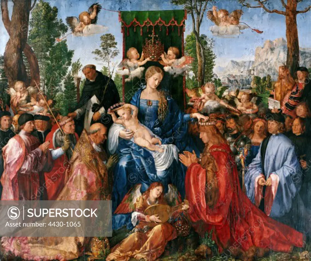 fine arts, D™rer, Albrecht, (1471 - 1528), painting, ""festival of the rosary"", 1506, poplar panel, 162 cm x 194,5 cm, National Gallery, Prague,