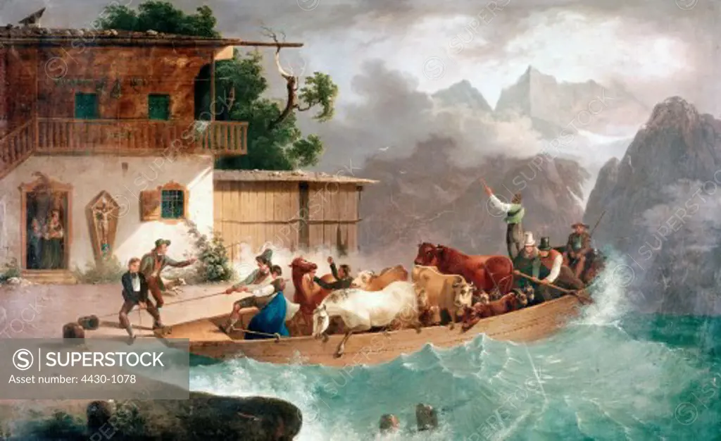 fine arts, Gauermann, Friedrich, (1807 - 1862), painting, ""Viehtransport ™ber den K_nigssee"", (""transporting cattle over lake K_nigssee""), 1834, oil on canvas,