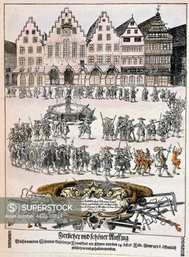 people professions carpenter guild procession in Frankfurt am Main coloured copper engraving 1659 private collection,
