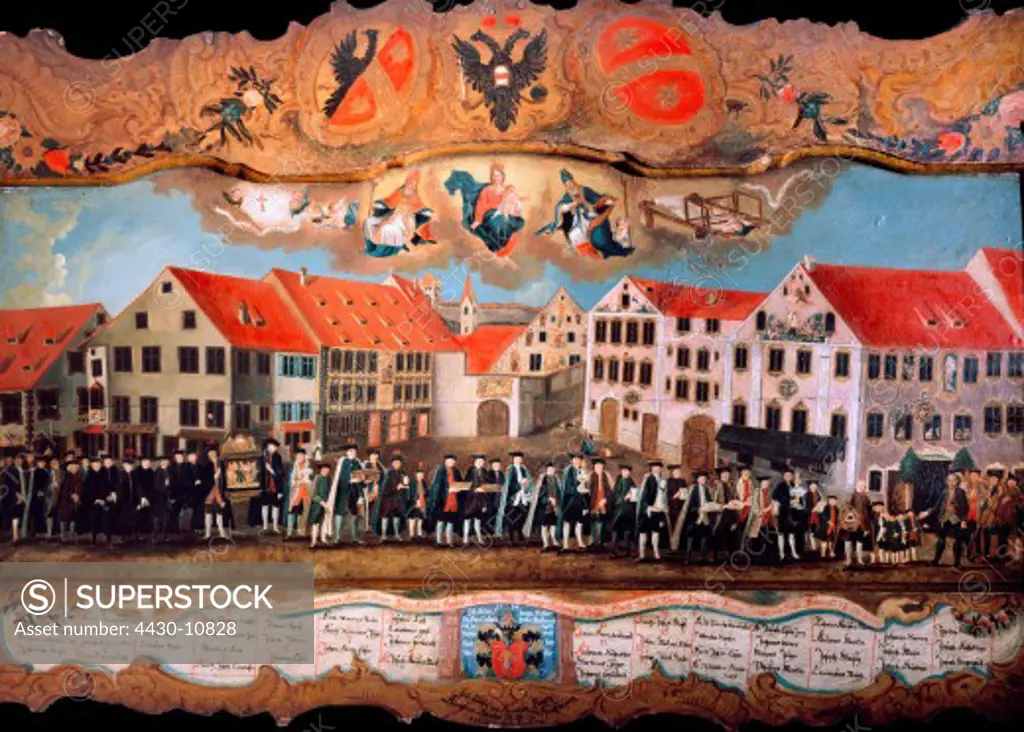 handcraft guilds procession of the catholic weavers to their new hospice ""Drei Rosen"" Kaufbeuren 1747 painting oil on wood 1784 Museum Kaufbeuren,