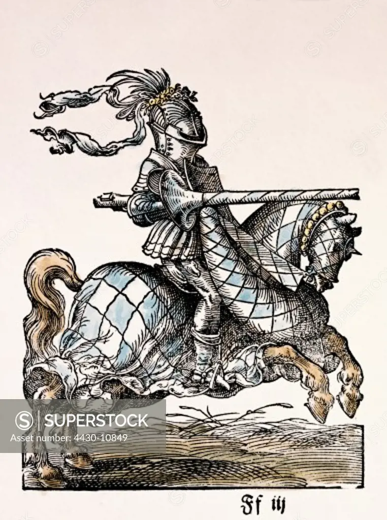 military knights knight woodcut coloured by Jost Amman (1539 - 1591) from ""Kunnst- und Lehrbuechlein fuer die anfahenden Jungen daraus reissen und malen zu lernen"" (art and schoolbook for boys who are learning how to draw and paint) Frankfurt on the Main Germany 1580 private collection,