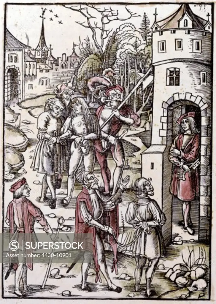 justice prison convicts are brought to the dungeon coloured woodcut by Hans Schaufelein ""Laienspiegel"" of Ulrich Tengler 1509 new edition Strasbourg 1512 private collection,