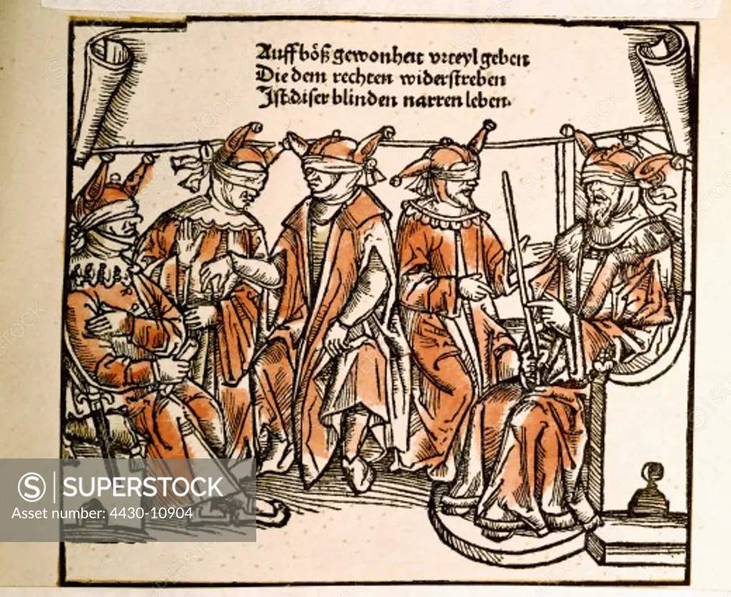 justice caricature woodcut coloured from ""Bambergische Halssgerichts- und rechtlich Ordenung"" (Bamberg criminal law) printed by Johannes Schoeffer Mainz Germany 1510 private collection,