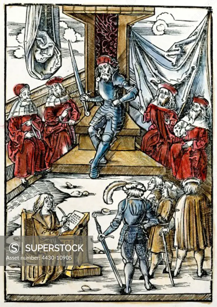 justice courts scene with a knight as accused coloured woodcut by Hans Schaeufelein ""Laienspiegel"" of Ulrich Tengler 1509 new edition Strassbourg 1512 private collection,