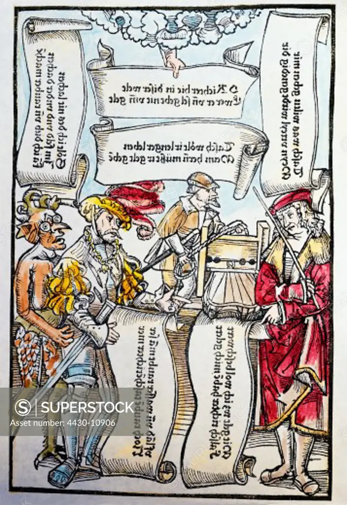 justice caricature woodcut coloured from ""Bambergische Halssgerichts- und rechtlich Ordenung"" (Bamberg criminal law) Mainz Germany 1510 private collection,