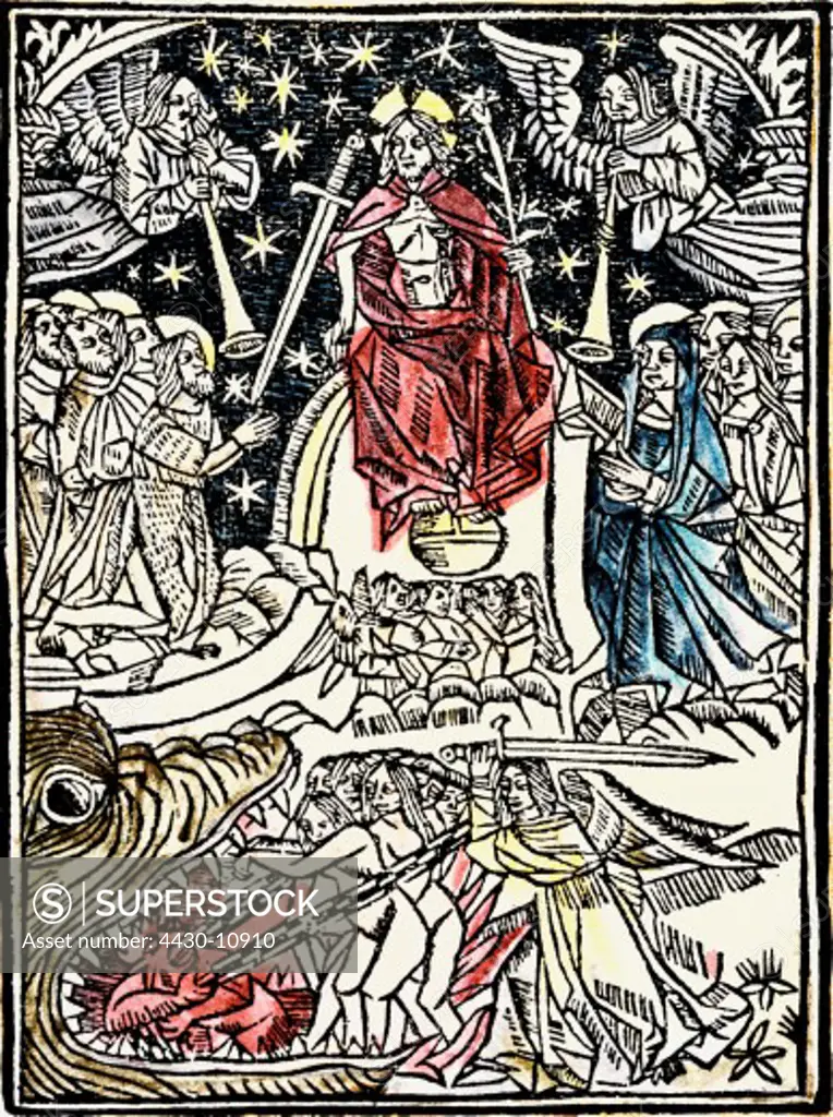religion Christianity apocalypse Last Judgement ""Le grand examen de conscience"" (The big soul-searching) woodcut coloured Paris France circa 1495 private collection,