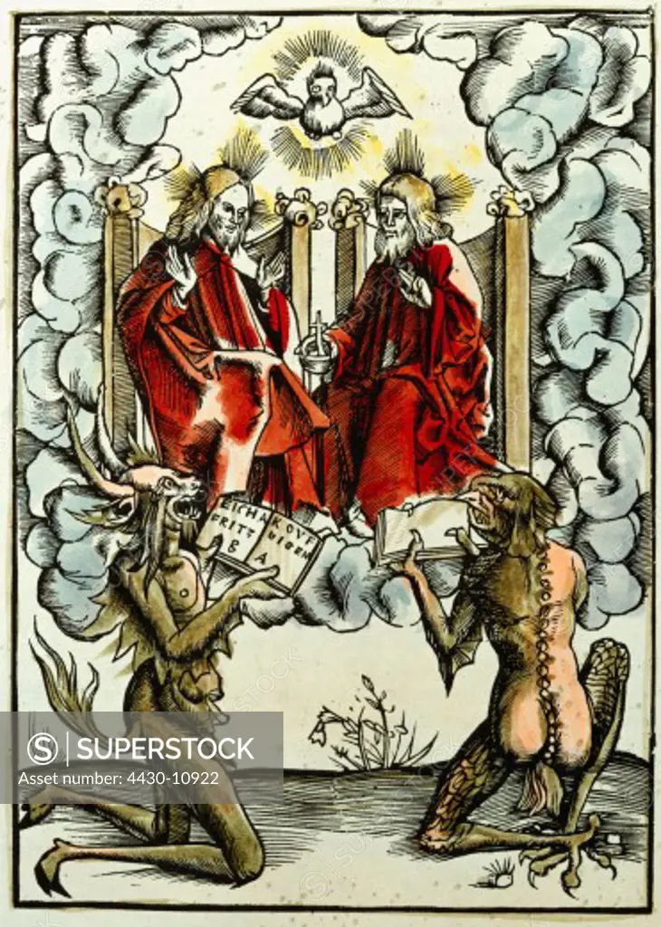 religion Christianity apocalypse Last Judgement graphic from ""Der Teufelsprozess vor dem Weltgericht"" (The devil`s lawsuit on Judgement Day) by Ulrich Tengler (1447 - 1511) title page woodcut coloured Germany 1541 private collection,
