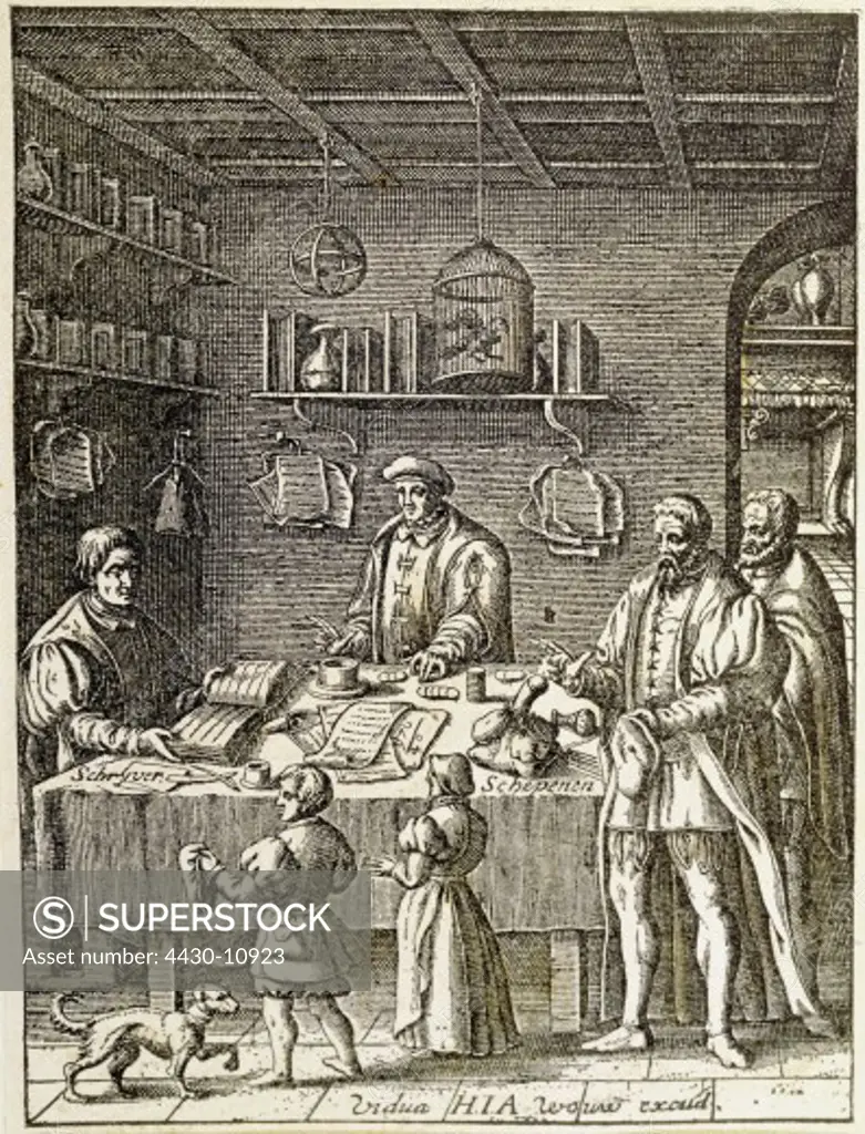justice notary publics graphic notary public clerk jury men copper engraving Germany 1607 private collection,