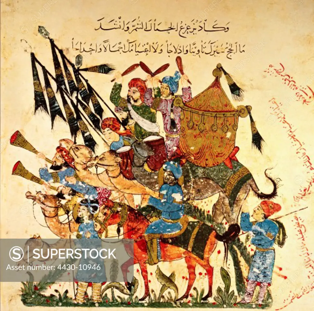 fine arts islamic painting caravan of pilgrims on the way to Mecca miniature by Yahya ibn Mahmud al Wasiti to ""Maqamat"" of Abu Muhammad al Qasim ibn Ali al-Hariri (1054 - 1122) published in Bagdad 1237 AD National Library Paris,