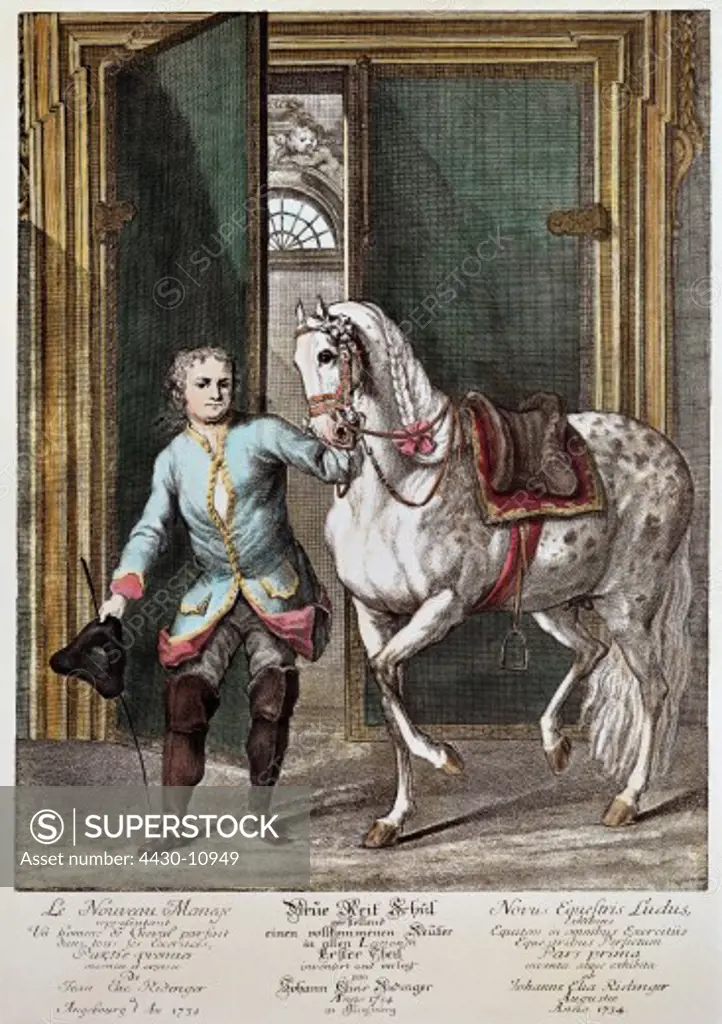 sport equestrial sport horse riding rider leading his horse coloured engraving ""Neue Reit Schul"" edited by Johann Elias Ridinger Augsburg 1734 private collection,