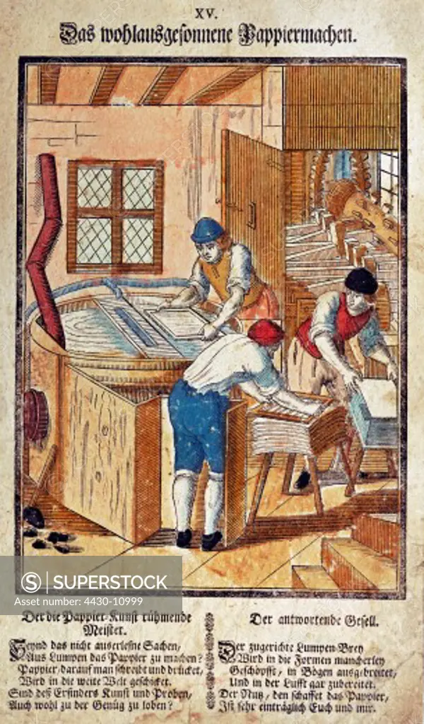 industry paper manufacture hand papermaking colour woodcut from ""Buch f»r die Jugend"" Augsburg second half 17th century Bavarian National Museum Munich private collection historic historical Europe Germany production occupation occupations work workers tub,