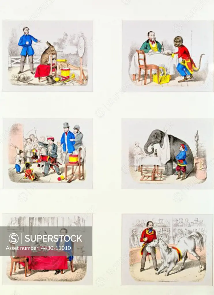 circus dressage ""Teachable animals"" pictorial broadsheet coloured lithograph probably Winckelmann and Sons Berlin Germany circa 1840 private collection,