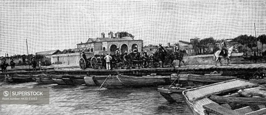 China Boxer Rebellion 1900 German navy artillery crossing the Peiho river engraving 1900 Germany War pontoon bridge 19th century,
