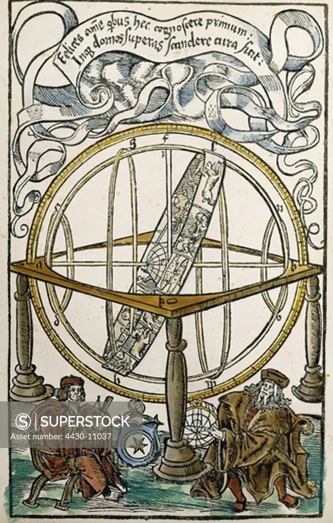astronomy measuring instruments armillary sphere and two scholars colour woodcut from ""Tabulae eclipsium"" by Peuerbach Vienna 1514 private collection,