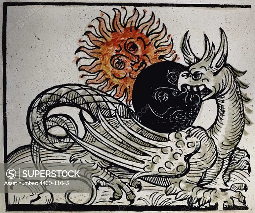 astronomy suns and eclipses dragon devouring shadow from face of sun colour woodcut from ""Missale Pragense"" printed by Konrad Kalchofen Leipzig 1498 private collection,