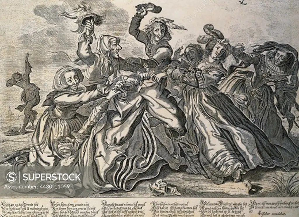 people women 17th century women fighting for trousers engraving by C.Fi_cher Netherlands mid 17th century private collection historic historical Europe society woman women emancipation argument arguing beating fight man caricature humour satire,