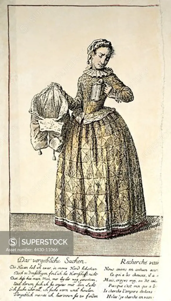 people women 18th century woman looking for power in man `s trousers colour engraving by Johann G.Merz Augsburg mid 18th century private collection,