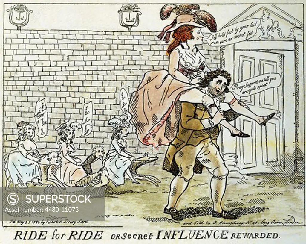 people women 18th century ""Ride for ride"" colour engraving London 25.5.1786 private collection London,