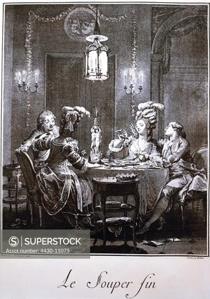 people food and beverages ""Le souper fin"" (""the gallant dinner"") engraving after J.M. Moreau the Younger (1741 - 1814) France 18th century private collection,