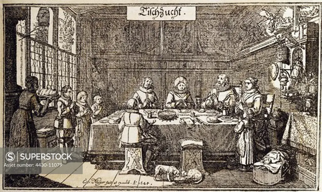 people food and beverages table manners engraving by Conrad Meyer 1645 private collection,