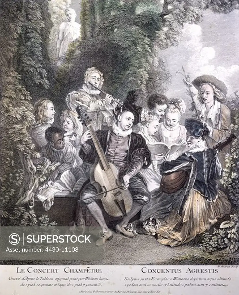 music concert ""The rural concert"" engraving by Benoit Audran II. circa 1750 after painting by Antoine Watteau (1684 - 1721) private collection,