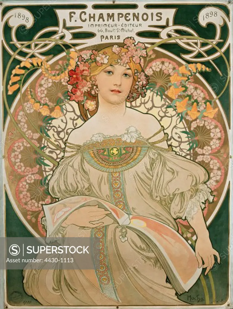 fine arts, Mucha, Alphonse (24.8.1860 - 14.7.1939), coloured lithograph, ""Reverie"", 1897,