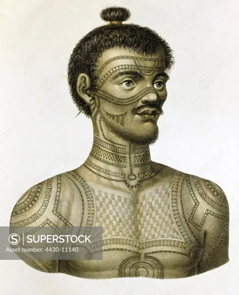 Polynesia Marquesas Islands Nuku Hiva people man with tattoos colour lithograph by K.J.Brodtmann from ""Naturgeschichte und Abbildungen der S_ugethiere"" by H.R.Schinz Z»rich 1827 private collection Pacific Oceania South Seas Polynesia 19th century native portrait tattooed Saeugethiere Saugethiere Zuerich Zurich,