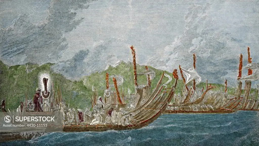 Polynesia Society Islands Tahiti people Polynesians in war canoes from ""Voyage dans l` hemisphere Austral autour du monde"" Paris 1778 private collection Pacific Oceania South Seas Polynesia 18th century natives water sea boat boats canoe,