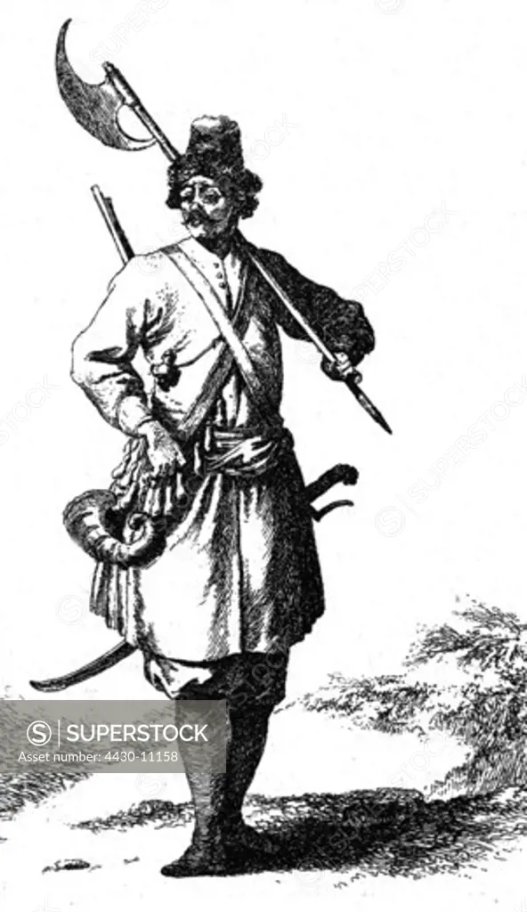 military Russia Streltsy private engraving by Jean Baptiste Le Prince late 17th century Russian soldier,