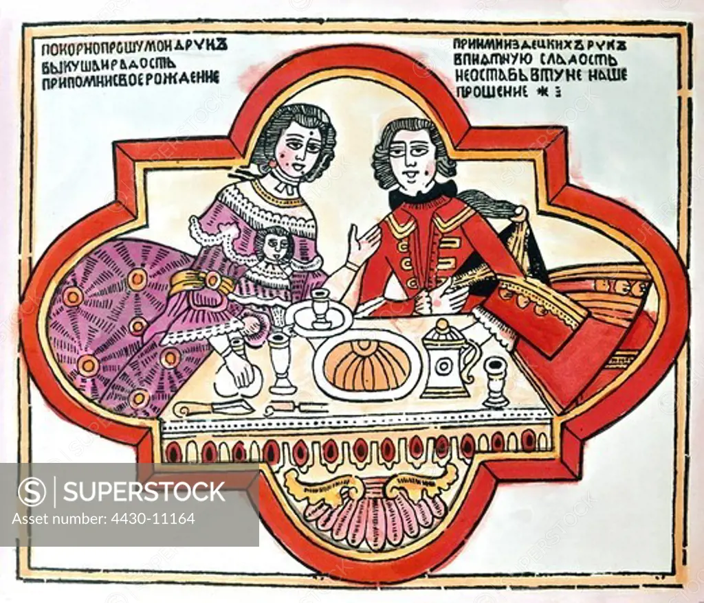 geography/travel Russia people nobility family at breakfast woodcut medium 18th century private collection couple child eating society Cyrillic script,