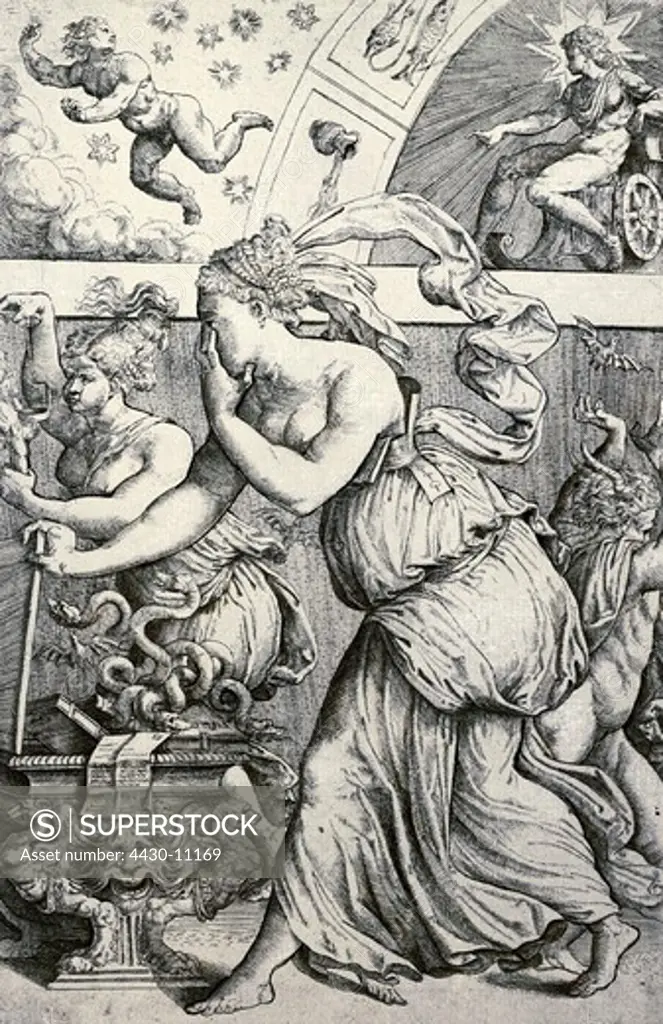 religion ancient world Greek mythology Pandora releasing the misfortunes of mankind engraving Italy circa 1555/1560 private collection,