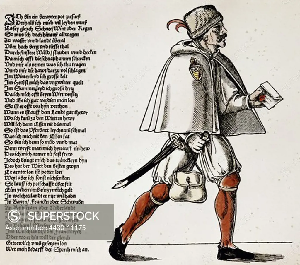 mail/post postmen postman by foot coloured engraving by Hans Guldenmund Nuremberg 1530 private collection,