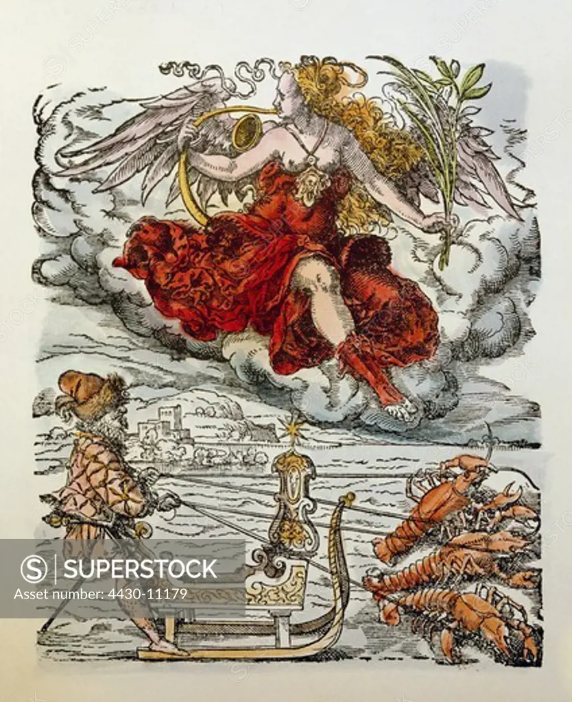 allegory Fama coloured woodcut by Jost Amman to ""Kunst und Lehrb»chlein f»r die anfangenden Jungen daraus reissen und malen zu lernen"" printed by Sigmund Feyerabend Frankfurt am Main 1578,