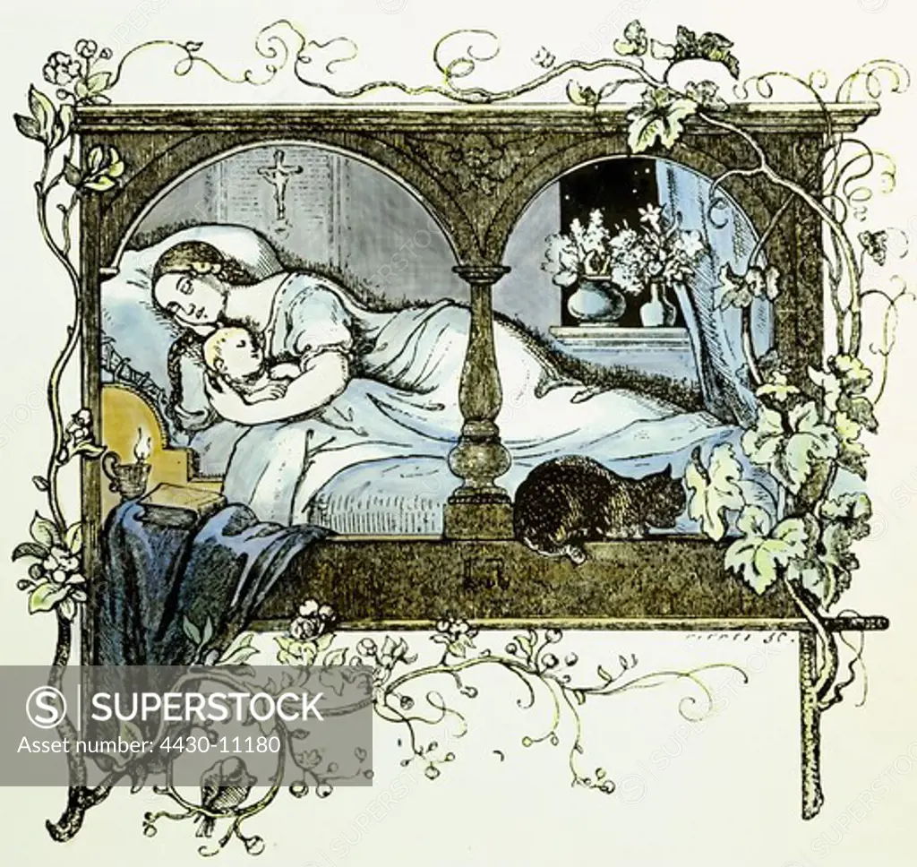 people family mother and child sleeping coloured engraving from the portfolio ""Pictures for the House"" by Ludwig Richter Leipzig 1866 private collection,