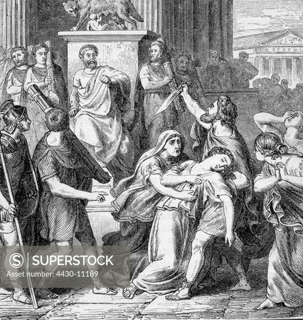 ancient world Roman Empire legends death of Verginia 449 BC Lucius Verginius kills his daughter at the forum engraving 19th century Romans mythologie Appius Claudius Crassus republic fall of the decemviri,