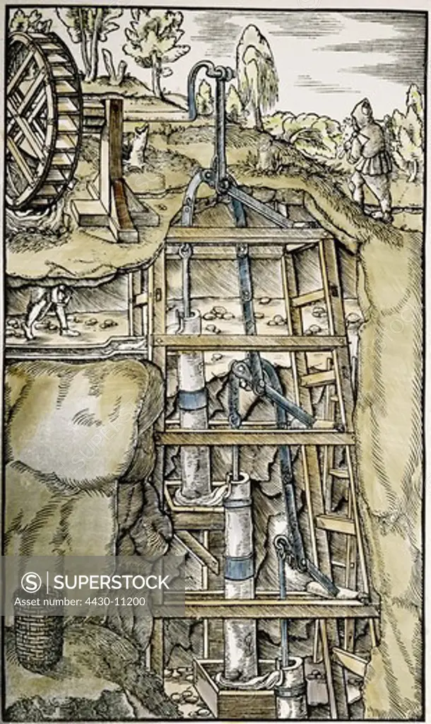 mining mine pumping station coloured woodcut ""De re metallica libri XII"" by Georgius Agricola 1556 German edition Frankfurt am Main 1580 private collection,