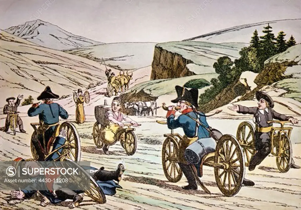 transport/transportation bicycle caricature coloured lithograph Germany circa 1845 private collection,