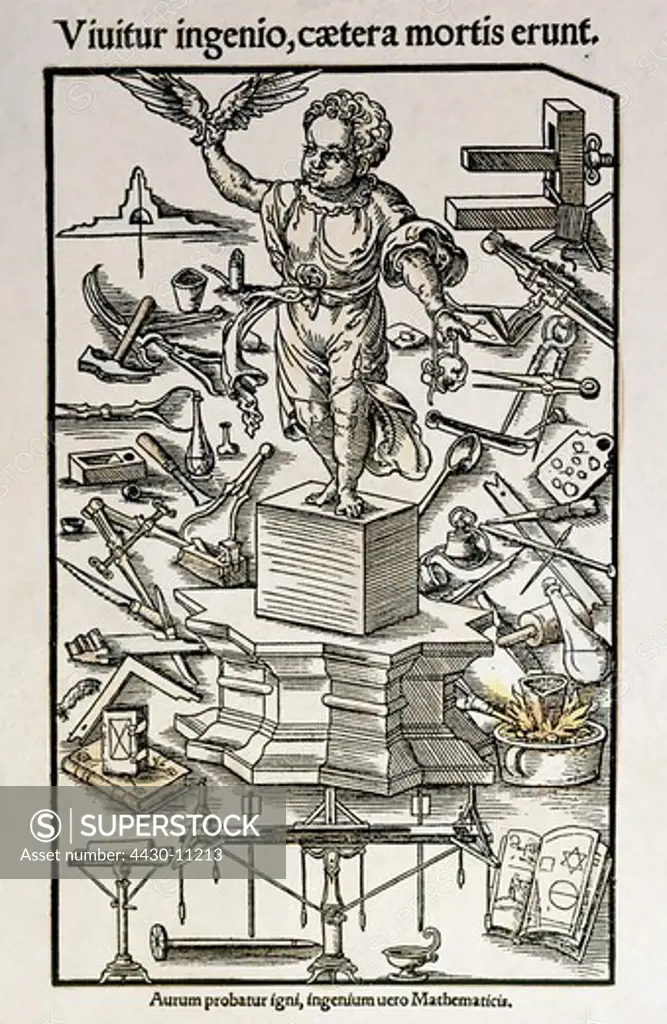 architecture civil engineering allegory the creative genius woodcut ""De architectura libri decem"" by Marcus Vitruvius Pollio German translation by Walther Ryff Nurembewrg 1548 private collection,