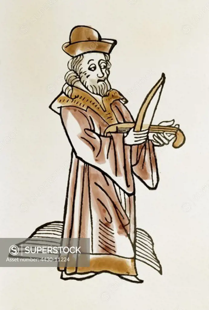 music musicians vielle player coloured woodcut ""Schwester Demut"" Ulm Conrad Dinckmut 1482 private collection,