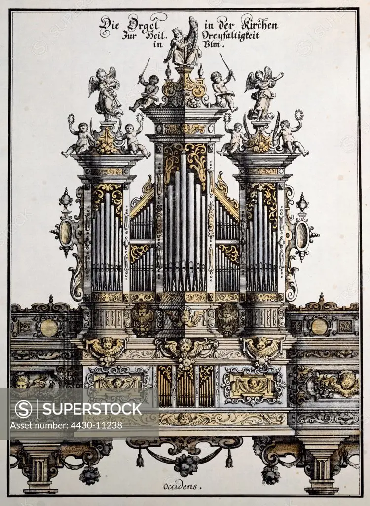 music instruments organ Trinity Church Ulm coloured engraving by von Matth_us Merian the Elder Frankfurt am Main 1643 private collection,