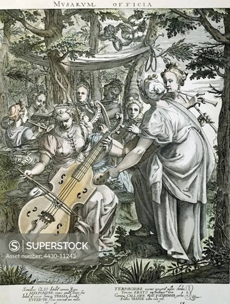 music concert of the Muses coloured engraving by H. Hondius the Elder(1573 - circa 1650) after panting by Taddeo Zuccaro (1529 - 1566) private collection,