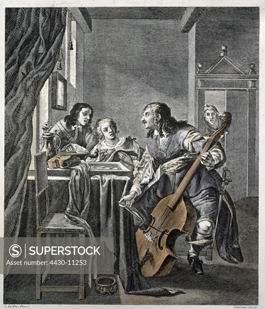 music musicians viol palyer ""musical entertainment"" coloured engraving by Louis Garreau (1782 - 1796) after painting by Jacob le Duc (circa 1600 - circa 1660) private collection,