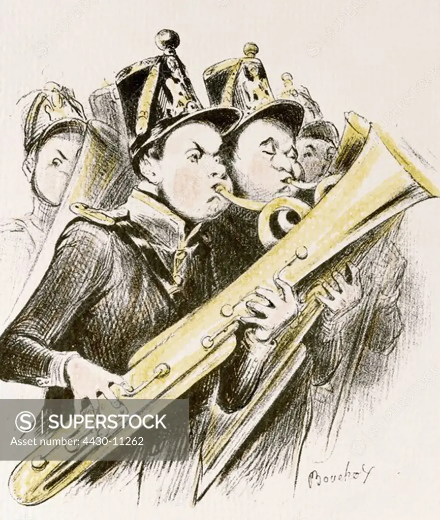 military military music wind instruments saxophone (early version) developed by Adolphe Sax (1814 - 1894) illustration coloured by Frederic Bouchot from ""Le Charivari"" Paris France 1847 private collection,