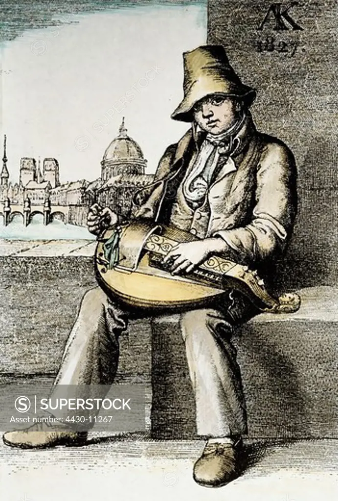 music musician ""Wandering Savoyard boy with hurdy gurdy in Paris"" coloured engraving France 1827 private collection,