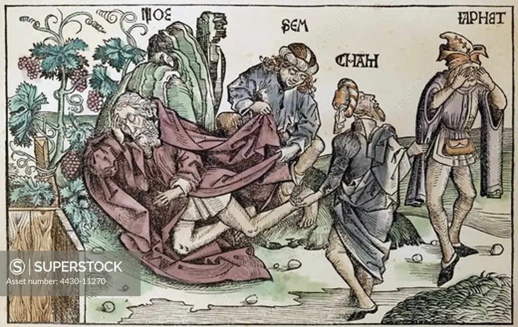 religion biblical scenes drunken Noah in the vineyard coloured woodcut by Michael Wohlgemut or Wilhelm Pleydenwurff world chronicle of Hartmann Schedel Nuremberg 1493,