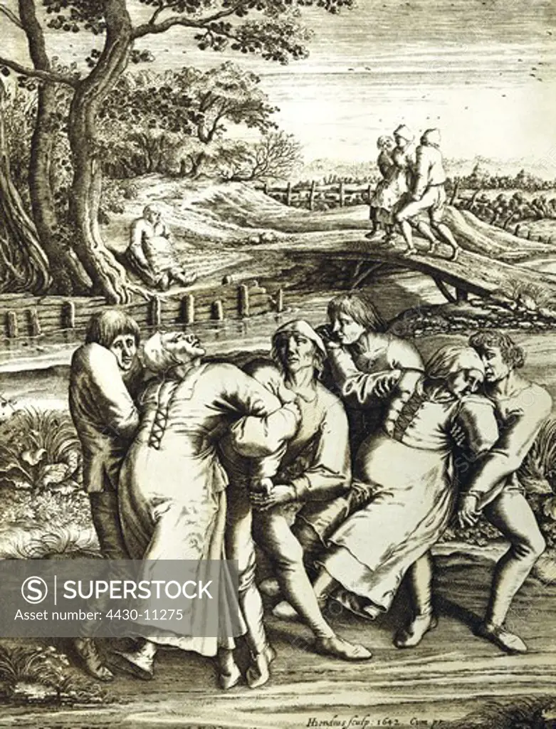 medicine disease epilepsy pilgramage the epileptics of Molenbeck engraving by Hondius 1642 after painting by Pieter Brueghel the Edler privat collection,